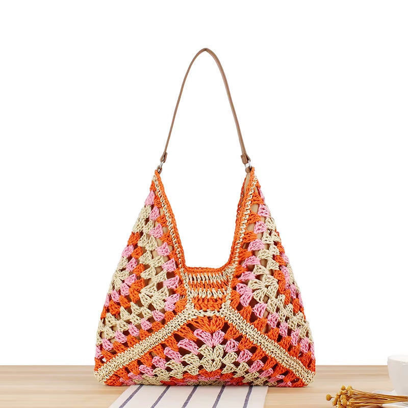 Bohemian Braided Summer Tote Bag - Woven Straw Beach Handbag with Raffia Rattan for Casual Shopping and Travel
