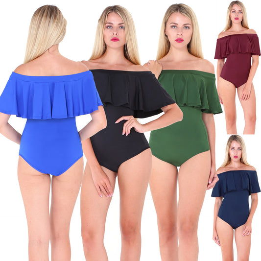 Women's Simple Solid Color Ruffle Tight One Piece Swimsuit
