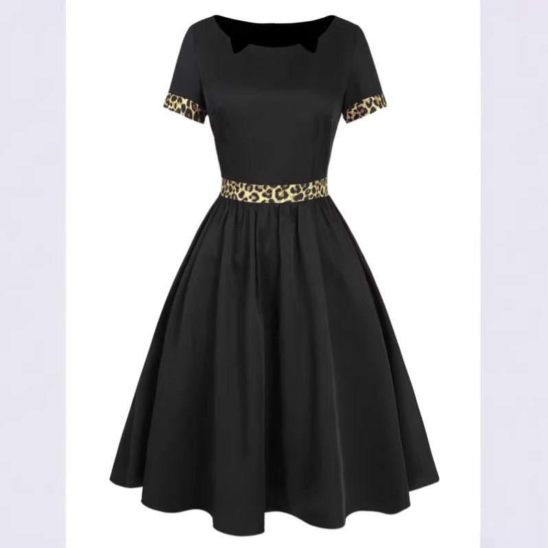 Womens Spring New Leopard-Print Crew-Neck Short-Sleeve Dress