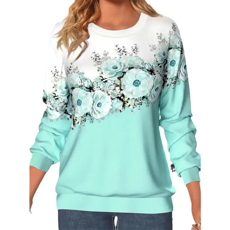 Damebeklædning Rund Hals Langærmet Blomstret 3D-printet Pullover Sweatshirt