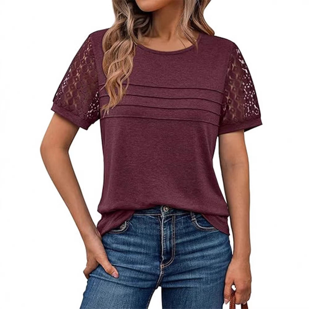 Round-neck Hollow-out Short-sleeve Elegant Loose-fitting