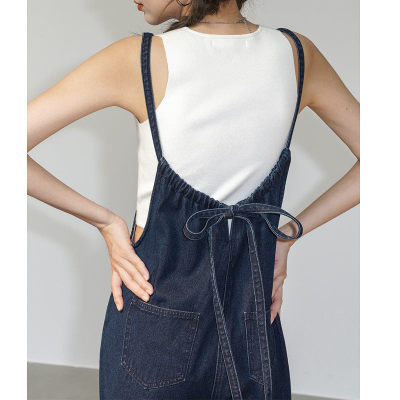 French Denim Suspender Pants Summer Women's Thin Design Loose Wide-leg Straight Pants