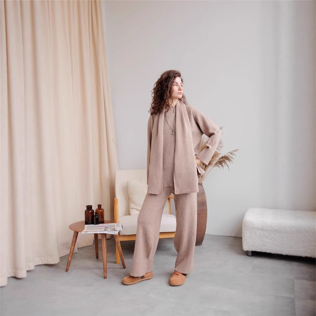 Women's Knitted Sweater And Wide Leg Pants Suit With Same Color Scarf