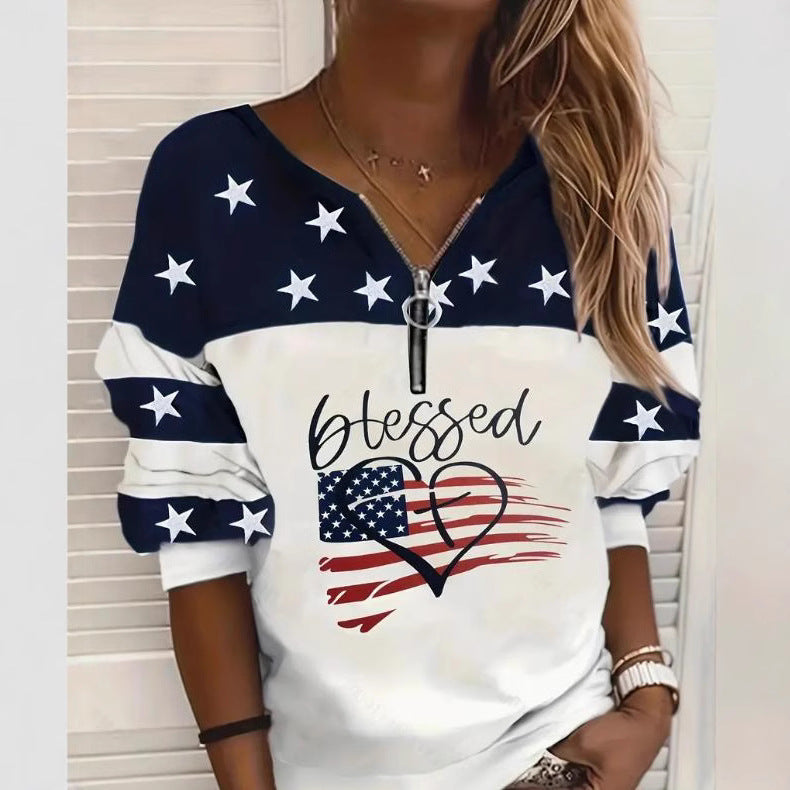 Trendy Afslappet Flag-Sweatshirt Med Halv Lynlås