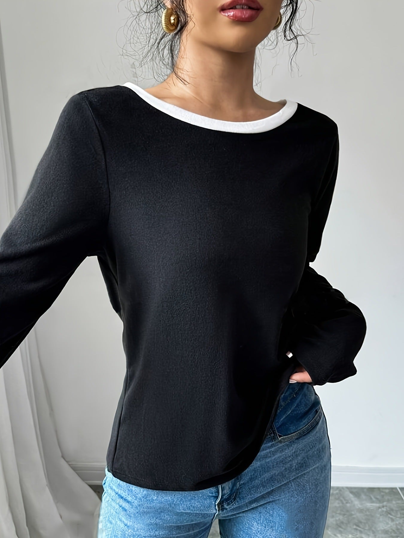 Trendy T-shirt med rund hals, to dele, Illusionknit, lange ærmer, baselayer-top, crew neck design til kvinder