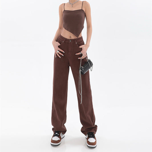 Coffee Color Design Sense Straight High Street Pants Trend