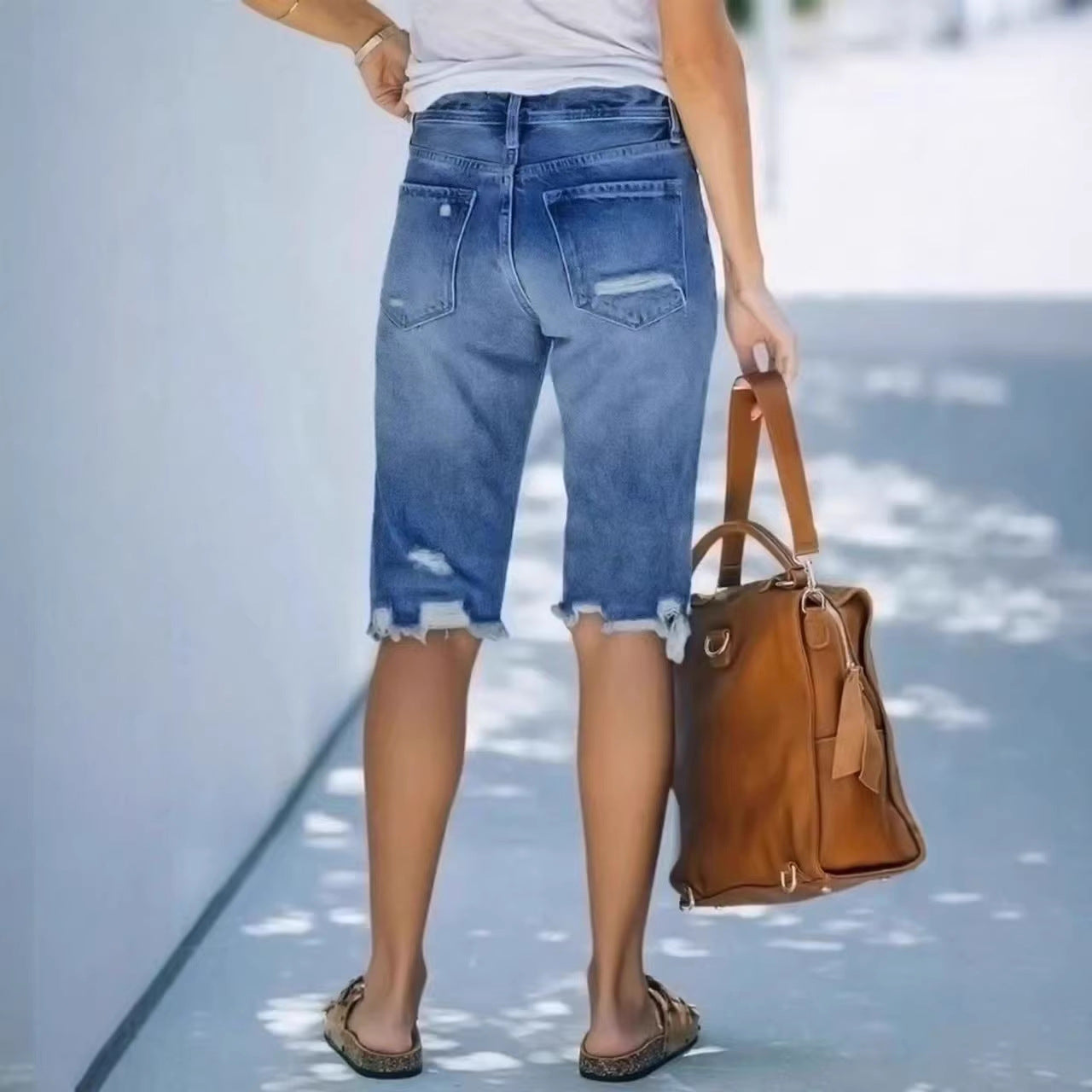 Casual Mid-Length Ripped Denim Shorts