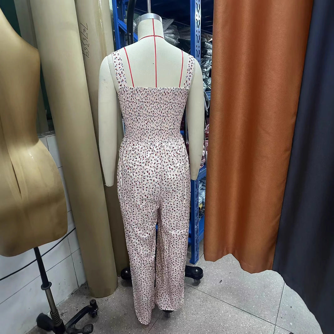 Printed Pleated Pocket Overalls With Straps