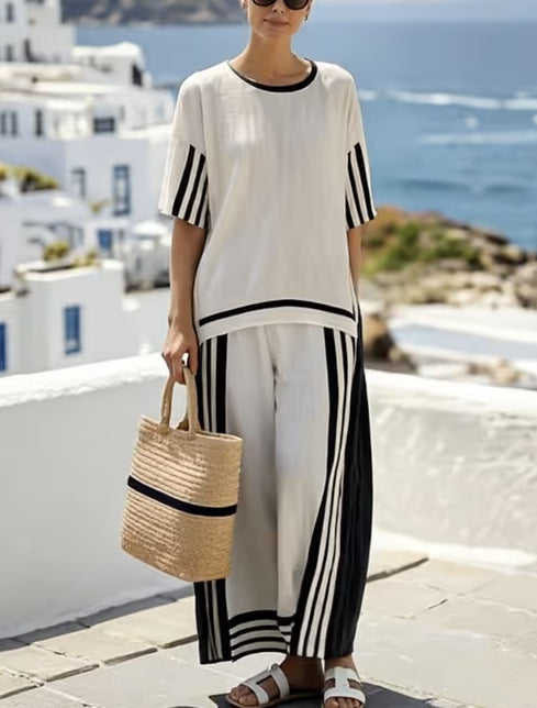 Women'S Loose Slit Contrast Striped Pants Set