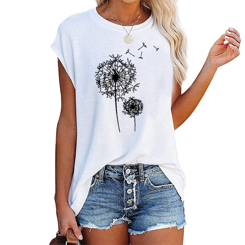 Colored Cotton Round Neck Loose Off-the-shoulder Printed Short Sleeve T-shirt