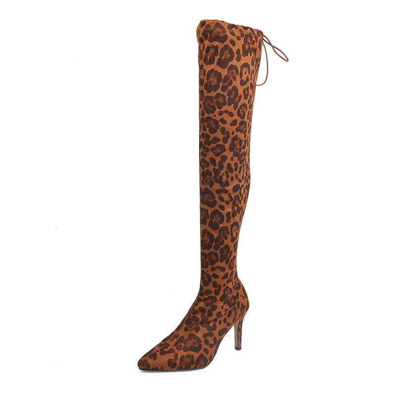 Pointed Leopard Print Large Size Wrapped Legs And Thin Stretch Boots