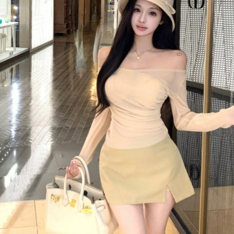 French Pure Desire One-shoulder Slim Waist Long Sleeve T-shirt Temperament Slit Skirt