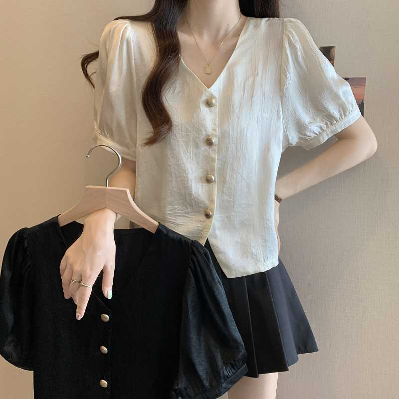 Women's Korean-style V-neck Solid Color Acetate Shirt With Short Sleeves