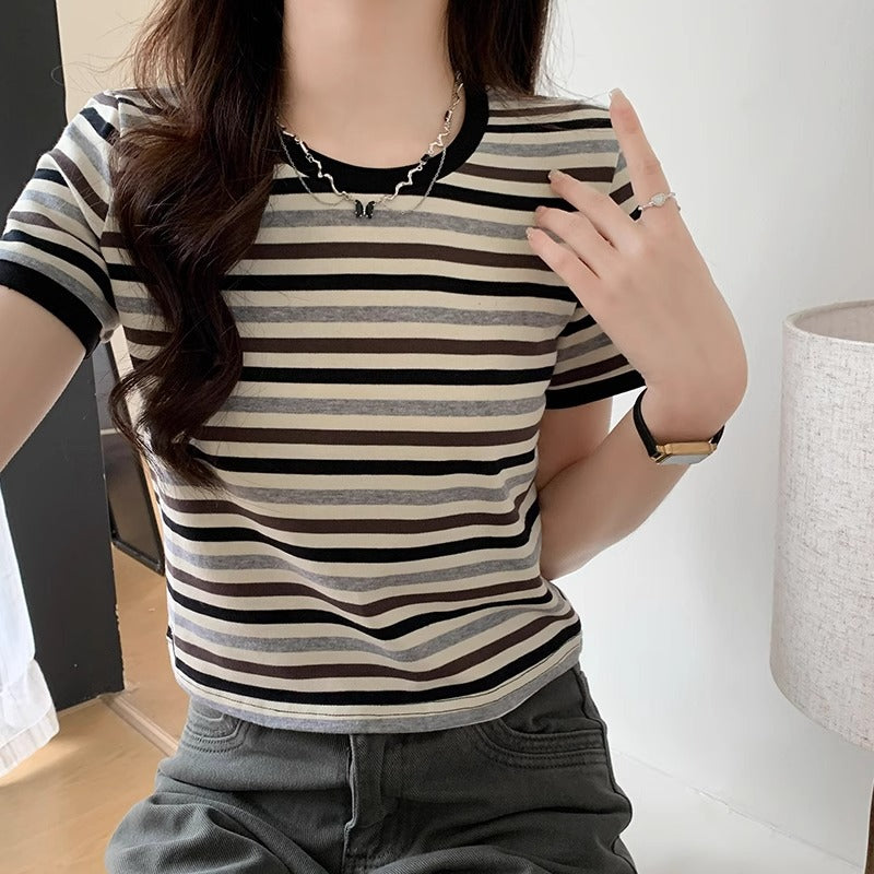 Women's Green Striped Regular-fit Slim Short-sleeve T-shirt