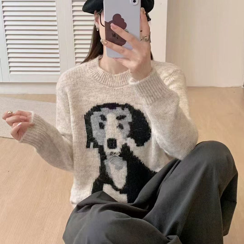 Round Neck Cartoon Pattern Gray Sweater For Women