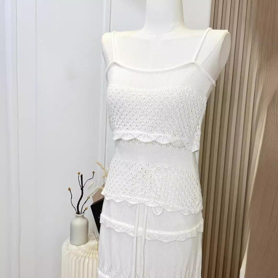 Nanfa Manor Holiday French Style Round Hollow Sling Crocheted Vintage Mid-length Dress Set