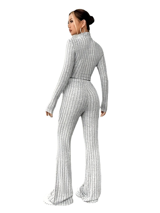 Solid Color Rib Fabric Women's Long-sleeved Knitwear And Trousers Suit