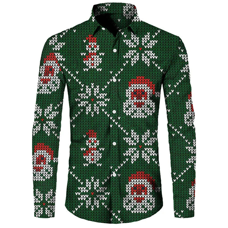Funny Christmas Theme Digital 3D Printing Men's Button Lining Casual Long Sleeve