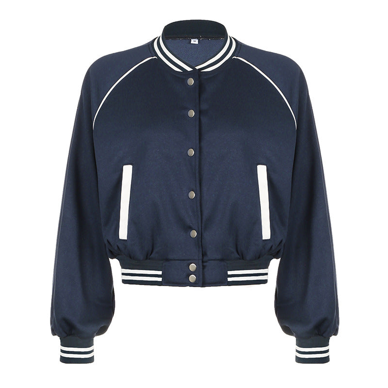 American Retro College Style Color Contrast Patchwork Stand Collar Breasted Baseball Uniform