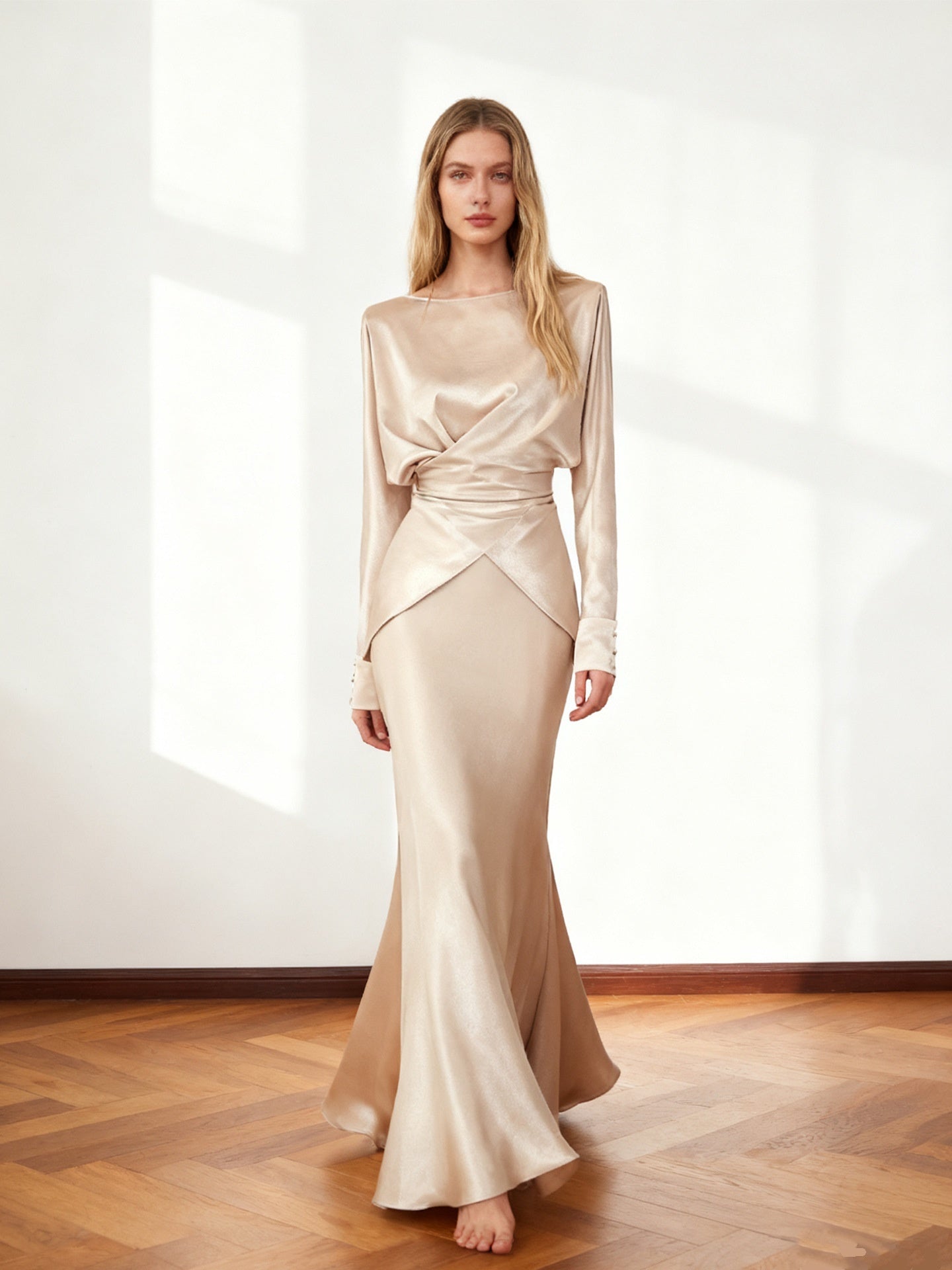 Spring Autumn Satin Elegant Top And Fishtail Midi Skirt Chic Two-piece Set
