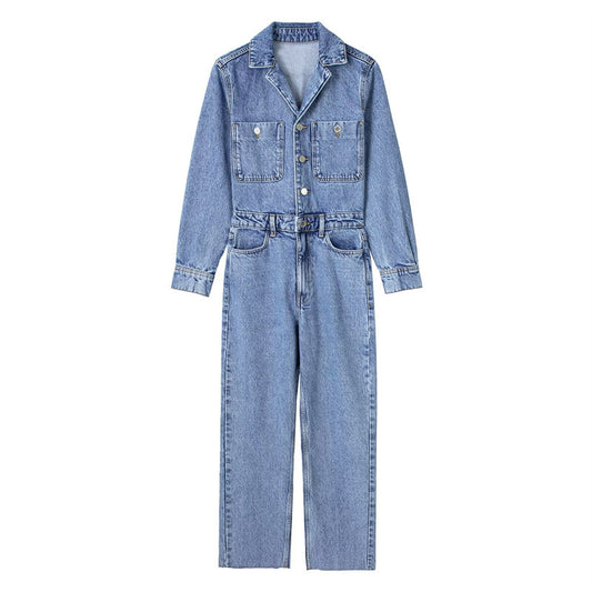 Summer Waist-tight Straight-leg Denim Jumpsuit