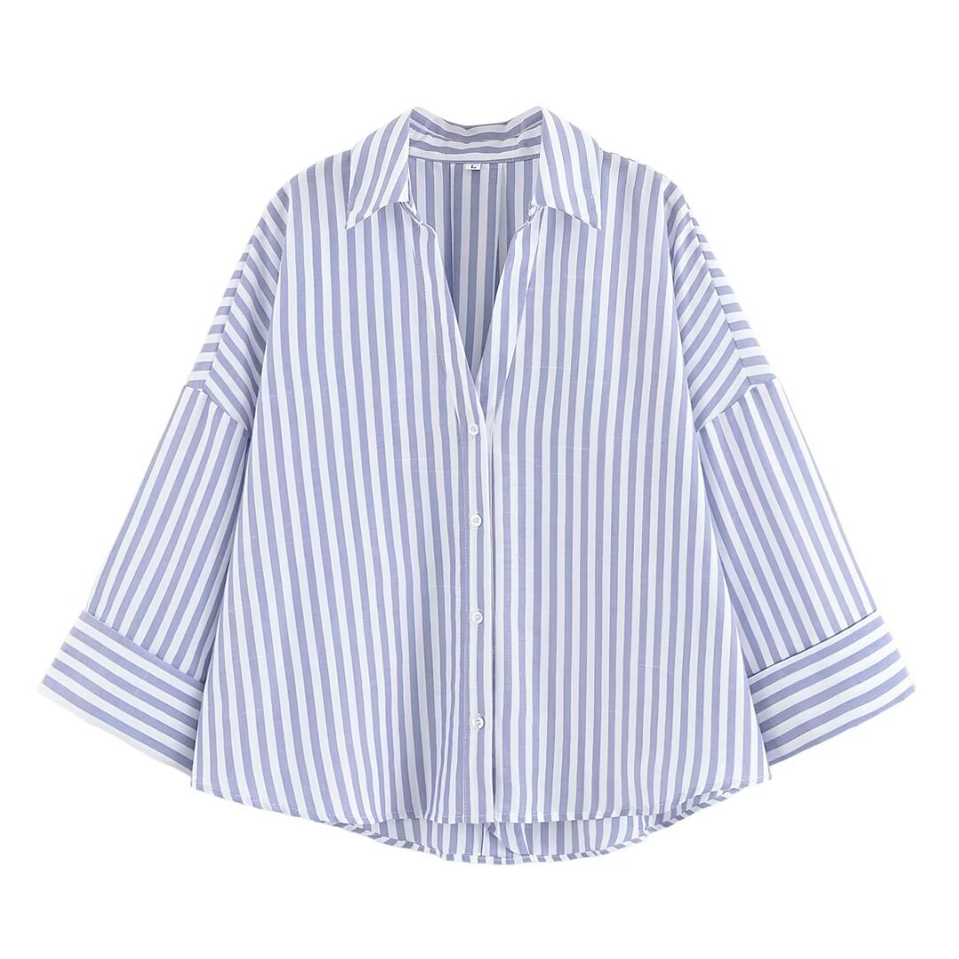 Women's Fashionable Slim-Fit Linen Multi-Color Striped Long-Sleeve Shirt