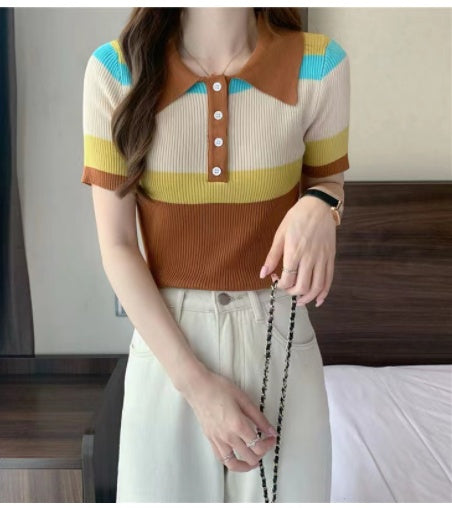 Color Stitching Lapel T-shirt Slim Fit And Slim Short Sleeves