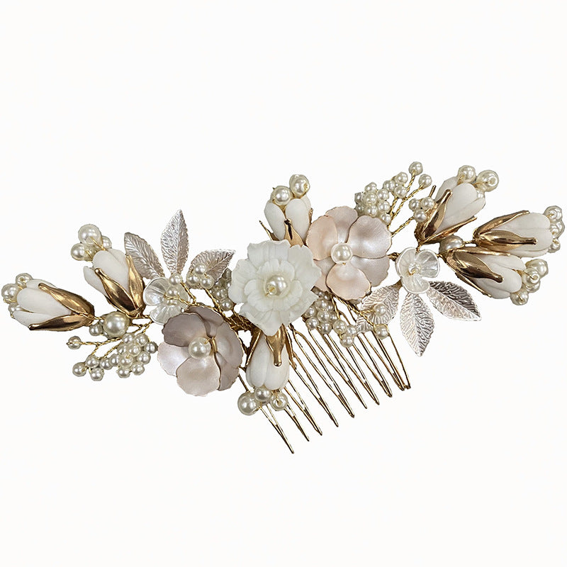 Gold Imitation Pearl Pastoral Ceramic Flower Headwear Hair Comb