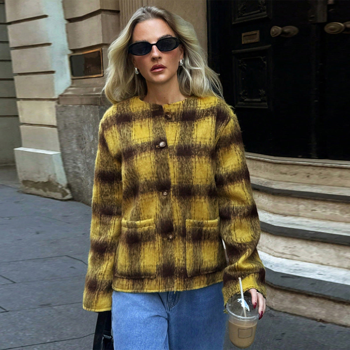 Women's Plaid Single-breasted Long Sleeve Round Neck Coat