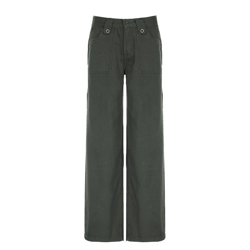 American Street Pocket High Waist Work Clothes Straight-leg Pants Women