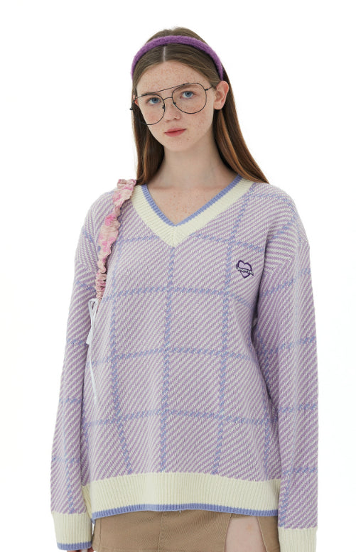 College Style V-neck Stitching Couple Sweater
