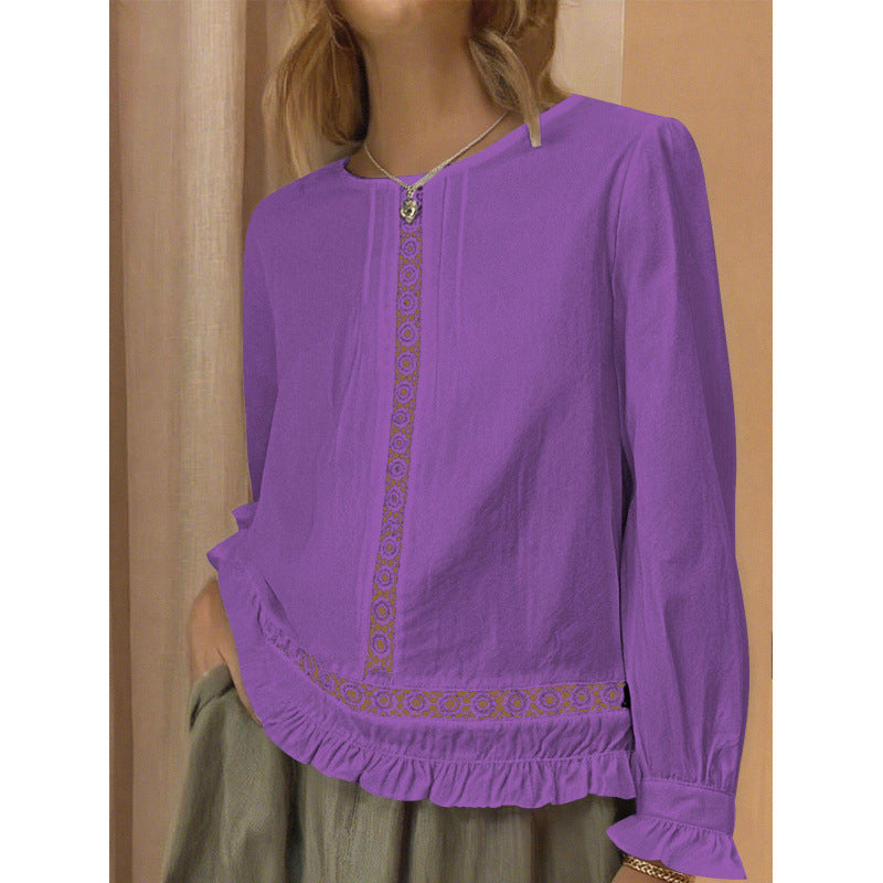 Casual Versatile Solid-color Top New Womens Long-sleeve Loose-fit Shirt