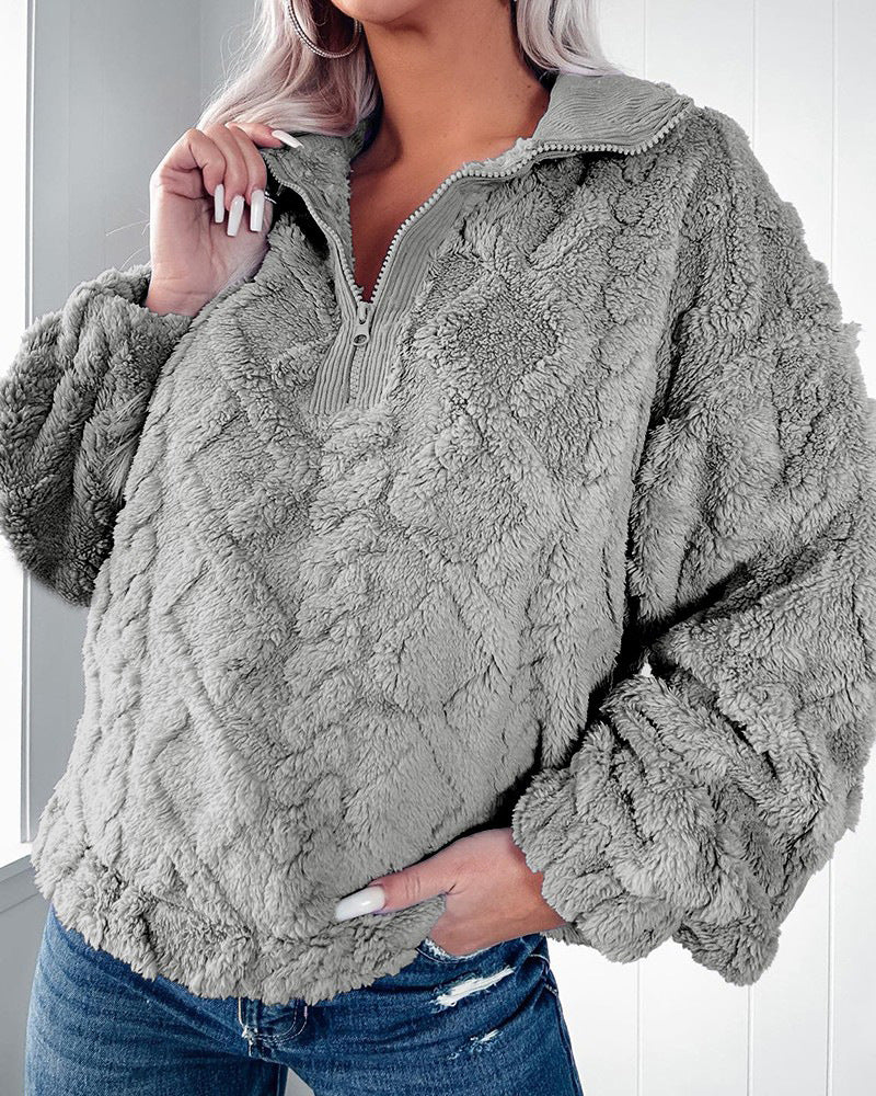 Enkel ensfarvet fleece-sweatshirt med lynlås og opretstående krave