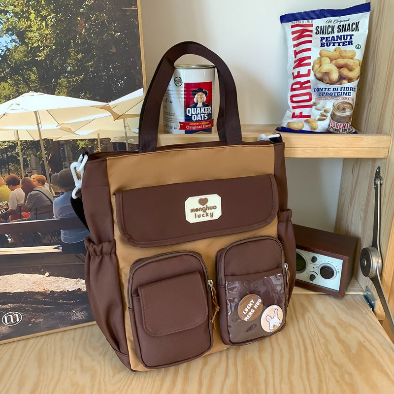 Retro Color Blocking Large Capacity Shoulder Bag For Soft Girls