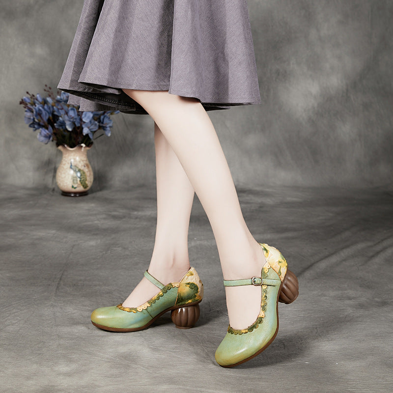 Horseshoe heel round toe leather women's shoes