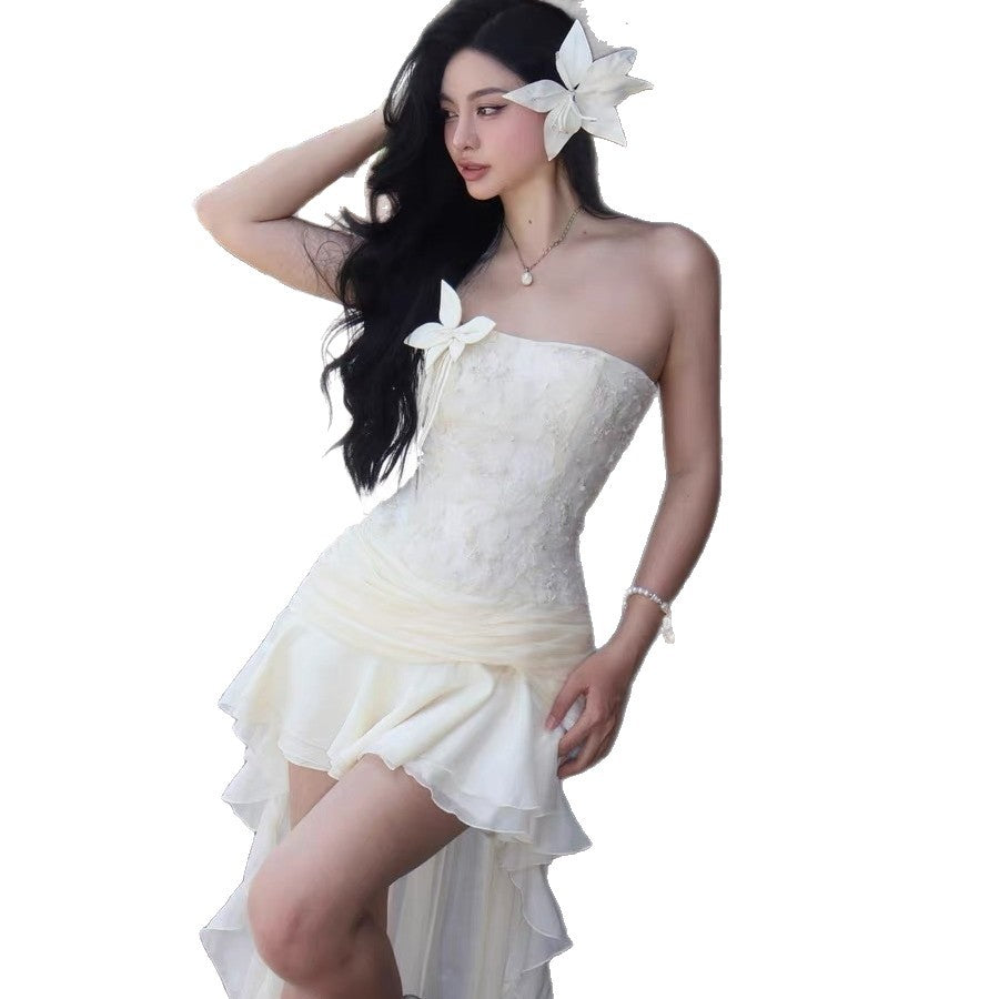 Womens Fashion Floral Ruffle-Collar Tube Dress