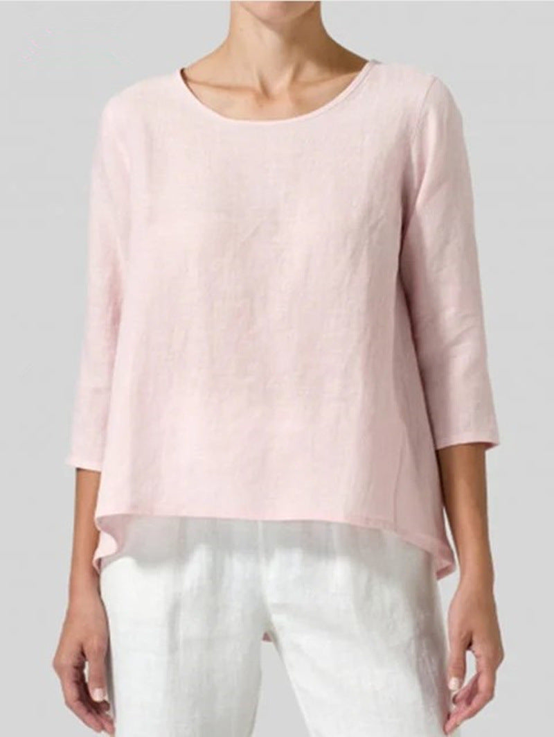 Cotton And Linen Plus Size Women's Clothing 34 Sleeve Casual Loose-fitting T-shirt