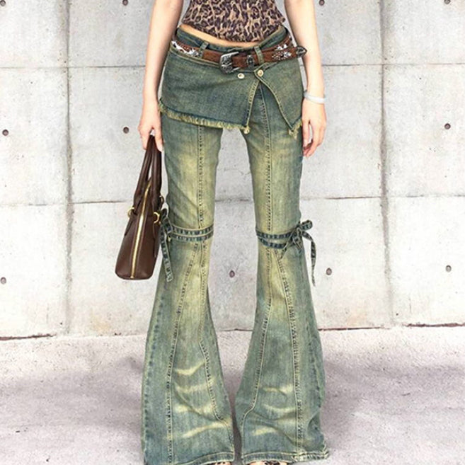 Womens Distressed Lace-up Vintage-style American Denim Jeans