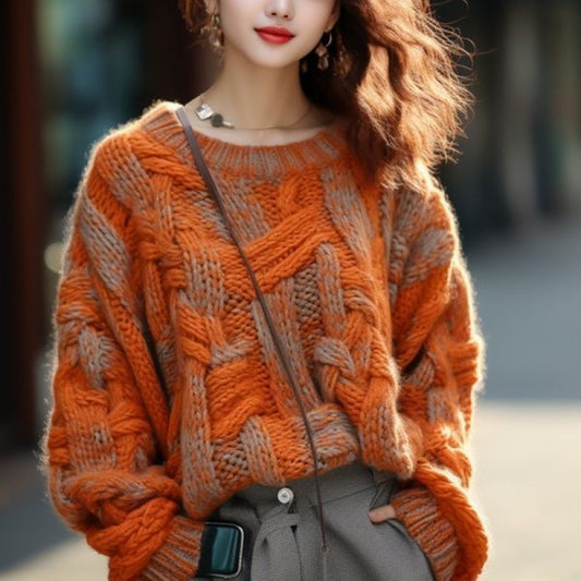 Orange Classic Style Thick Thread Sweater Coat For Women