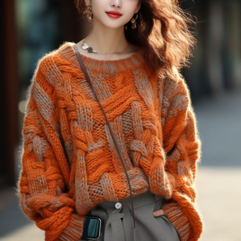 Orange Classic Style Thick Thread Sweater Coat For Women