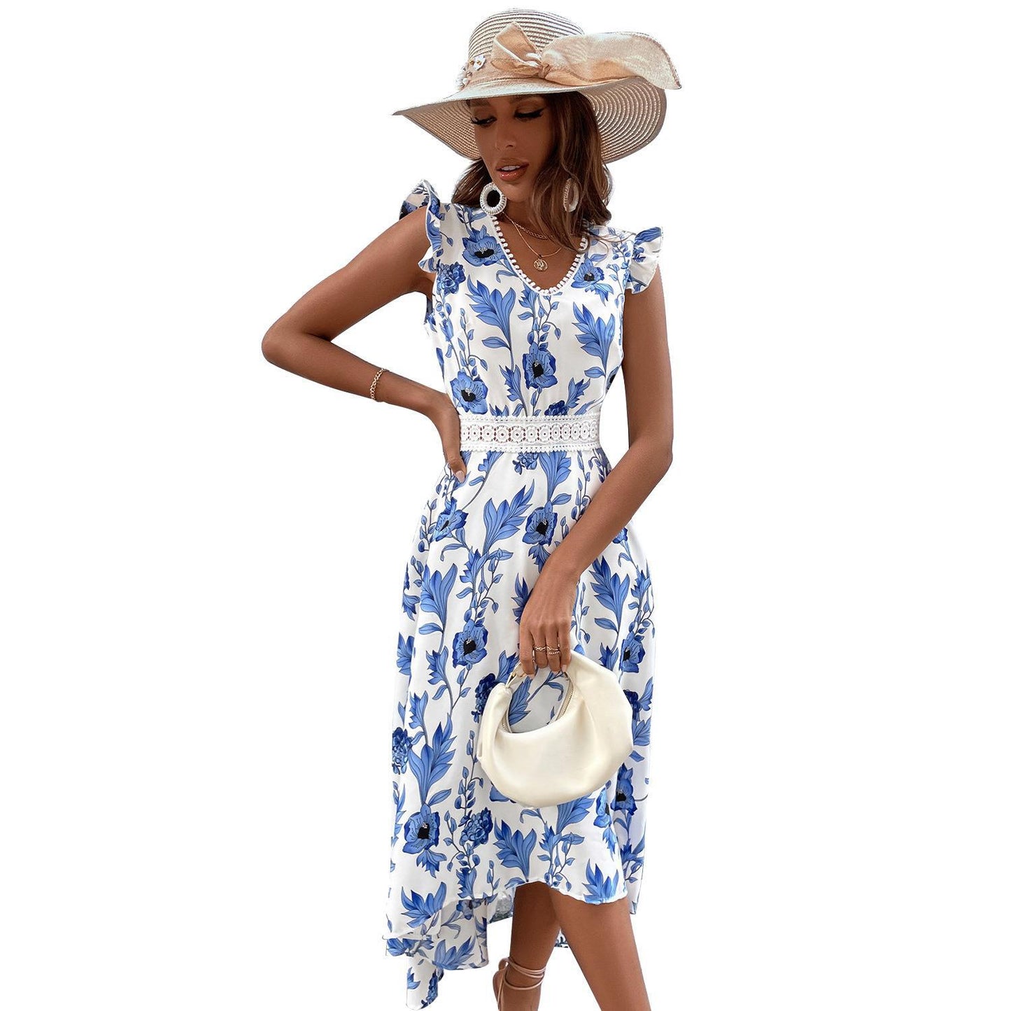 European And American Printed Women's Lace Patchwork Lace Dress