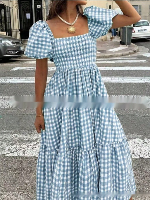 Plaid Square-neck Puffed-sleeve Pleated Dress