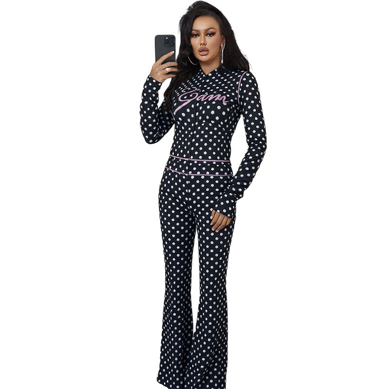 Womens Polka Dot Letter Print Top And Pants Set