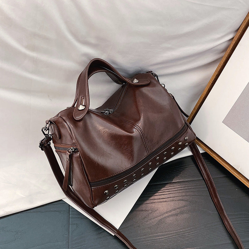 Oil Leather Handbag Shoulder Bag Personality Rivet Crossbody