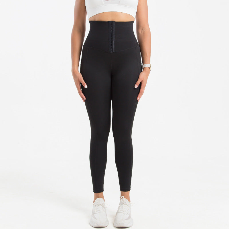 Breasted Yoga Pants Pockets Large Size Abdomen  Pants Sports Tight Yoga Body Shaper Pants