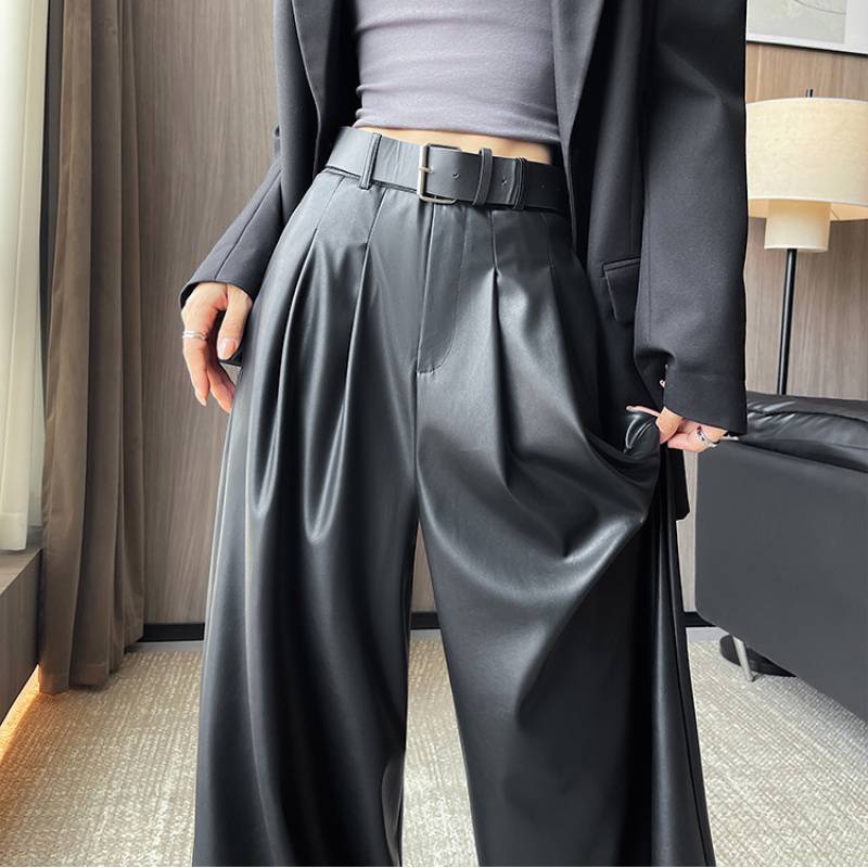 Suit Wide-leg Leather Pants Women's High Waist Loose