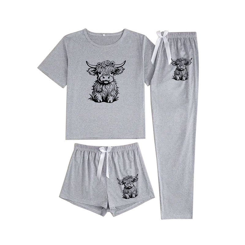Western Bull Head Print 3-Piece Short-Sleeve Shorts Set