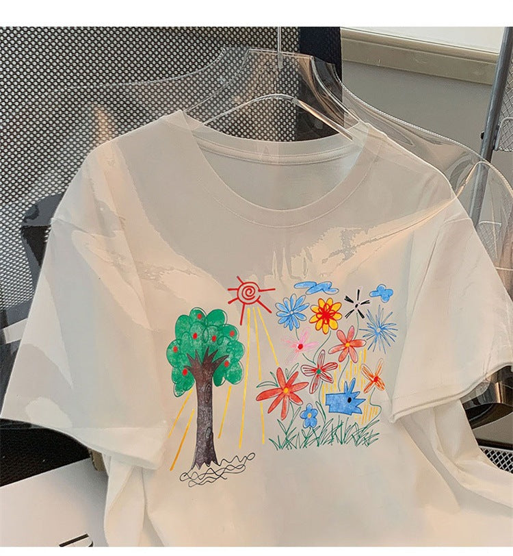 Cotton Plus Size Women's Summer Print Short Sleeve T-Shirt