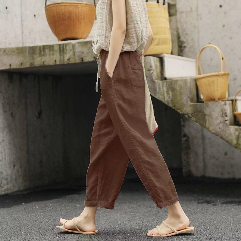Cropped Pants Loose Anti-cotton Linen Elastic-waist Wide-leg Pants Retro Art And Versatile Casual Pants
