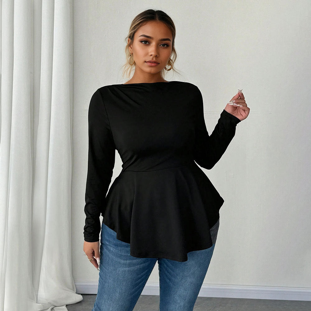 Irregular Hem Pleated Waist-cinching Long-sleeved Sexy Top